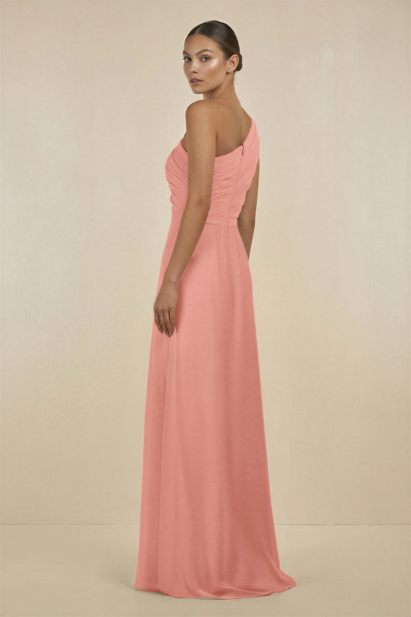 Rosette Ruffled One-Shoulder Pleated Sheath Bridesmaid Dress (2) | KISSBRIDAL
