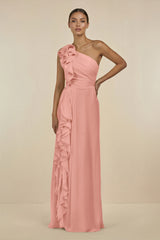 Rosette Ruffled One-Shoulder Pleated Sheath Bridesmaid Dress | KISSBRIDAL