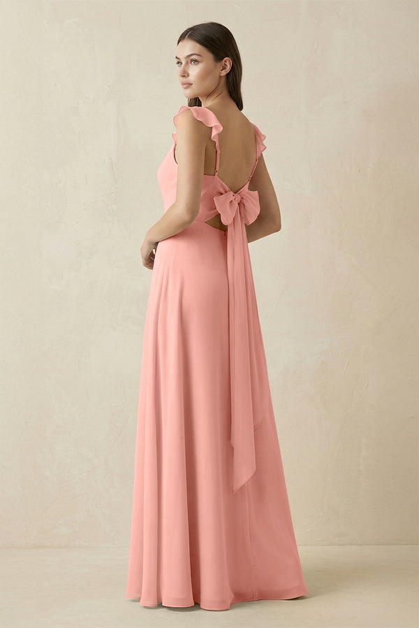 Rosette Ruffled Sleeve A-Line Chiffon Bridesmaid Dress (2) | KISSBRIDAL