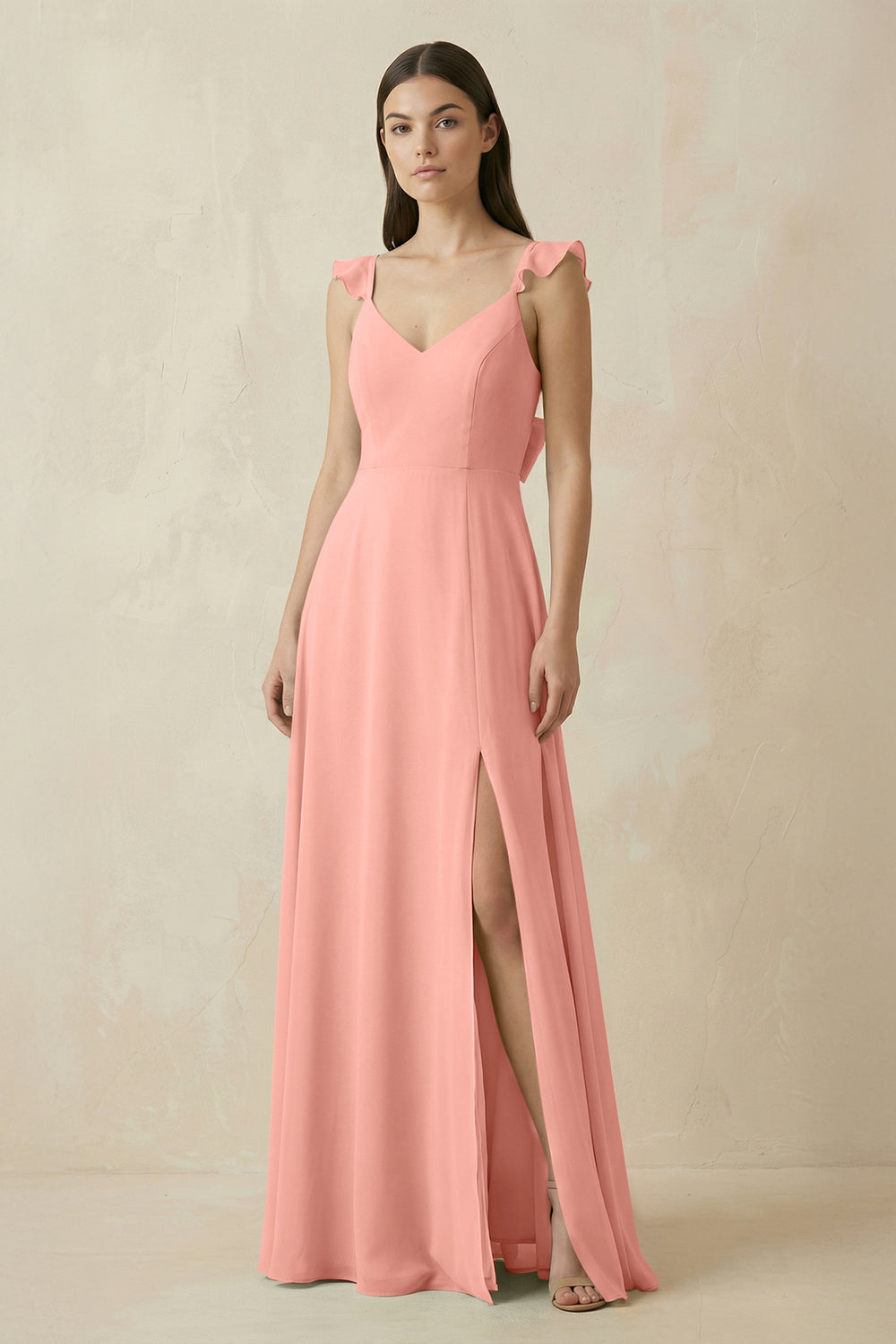 Ruffled Sleeve A-Line Chiffon Bridesmaid Dress in Rosette