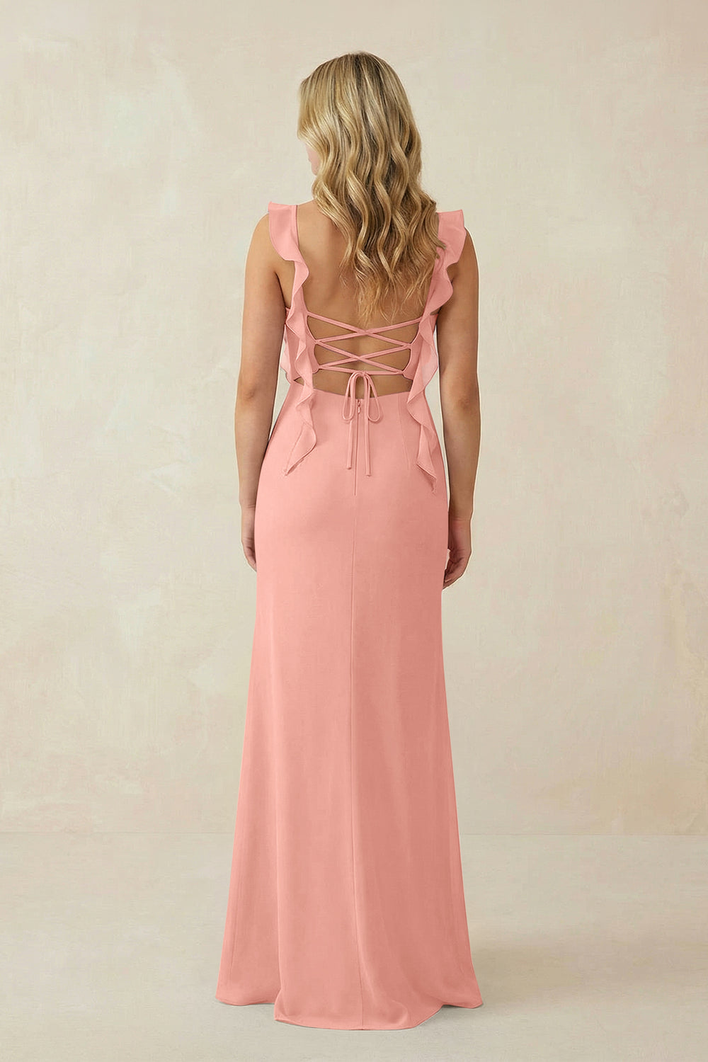 Ruffled Sleeve Ruched Sheath Chiffon Bridesmaid Dress in Rosette