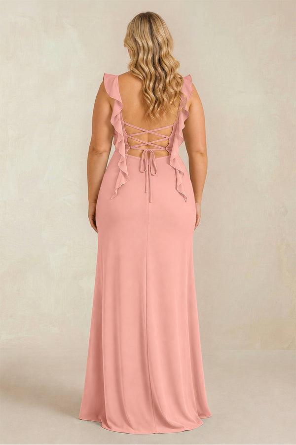 Rosette Ruffled Sleeve Ruched Sheath Chiffon Bridesmaid Dress (2) [sizeplus] | KISSBRIDAL