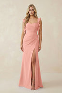 Rosette Ruffled Sleeve Ruched Sheath Chiffon Bridesmaid Dress | KISSBRIDAL