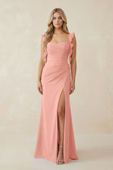 Rosette Ruffled Sleeve Ruched Sheath Chiffon Bridesmaid Dress | KISSBRIDAL