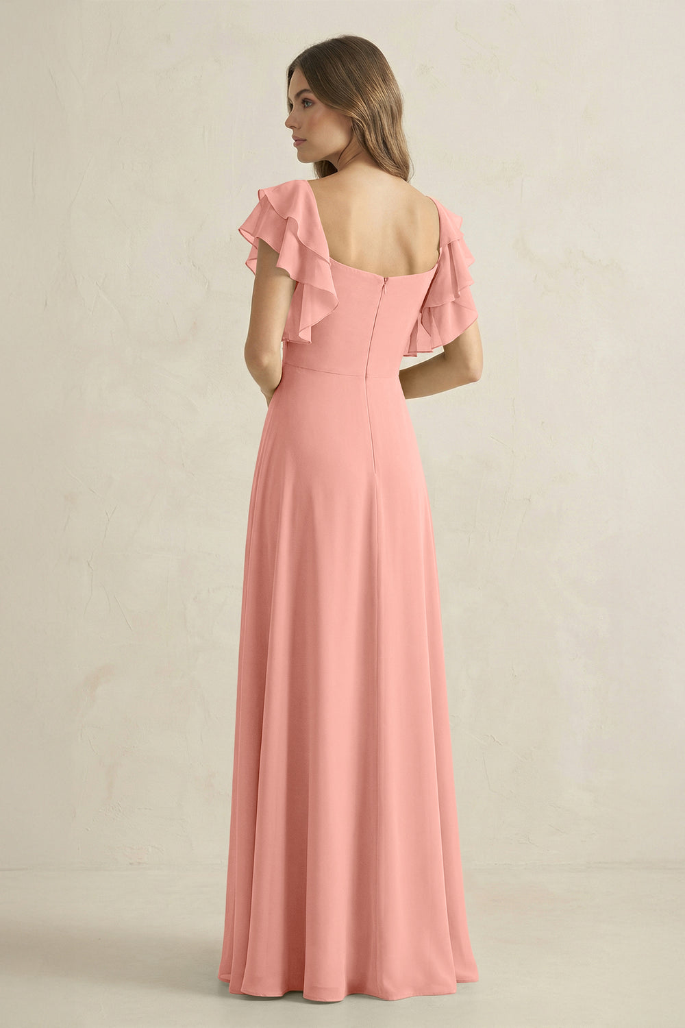 Ruffled Sleeves A-Line Chiffon Bridesmaid Dress in Rosette