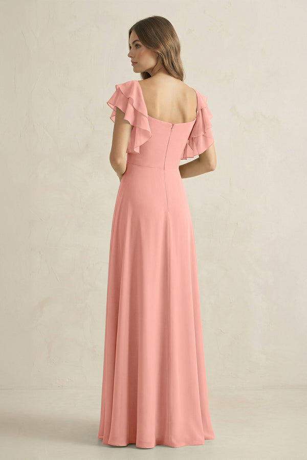 Rosette Ruffled Sleeves A-Line Chiffon Bridesmaid Dress (2) | KISSBRIDAL