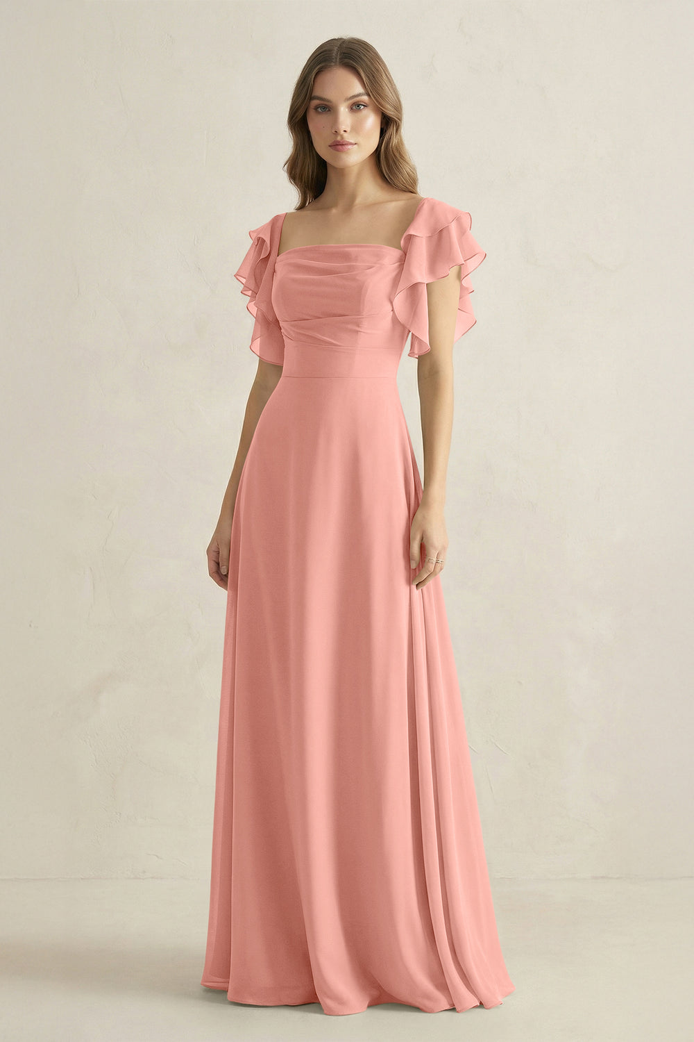 Ruffled Sleeves A-Line Chiffon Bridesmaid Dress in Rosette