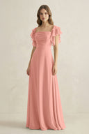 Rosette Ruffled Sleeves A-Line Chiffon Bridesmaid Dress | KISSBRIDAL