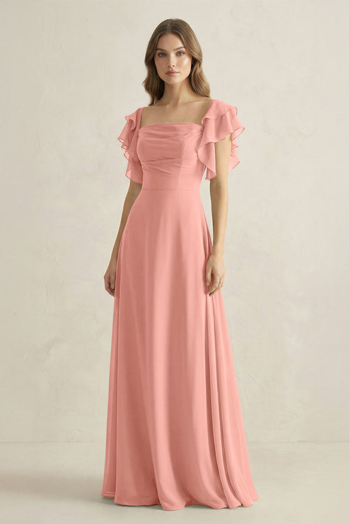 Rosette Ruffled Sleeves A-Line Chiffon Bridesmaid Dress | KISSBRIDAL