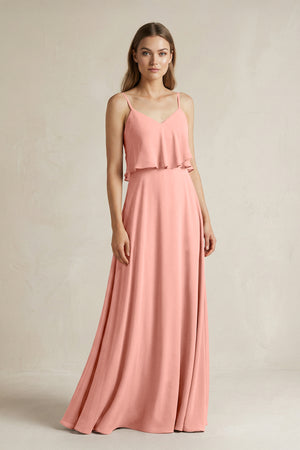 Rosette Ruffled Spaghetti Strap A-Line Chiffon Bridesmaid Dress in Rosette | KISSBRIDAL