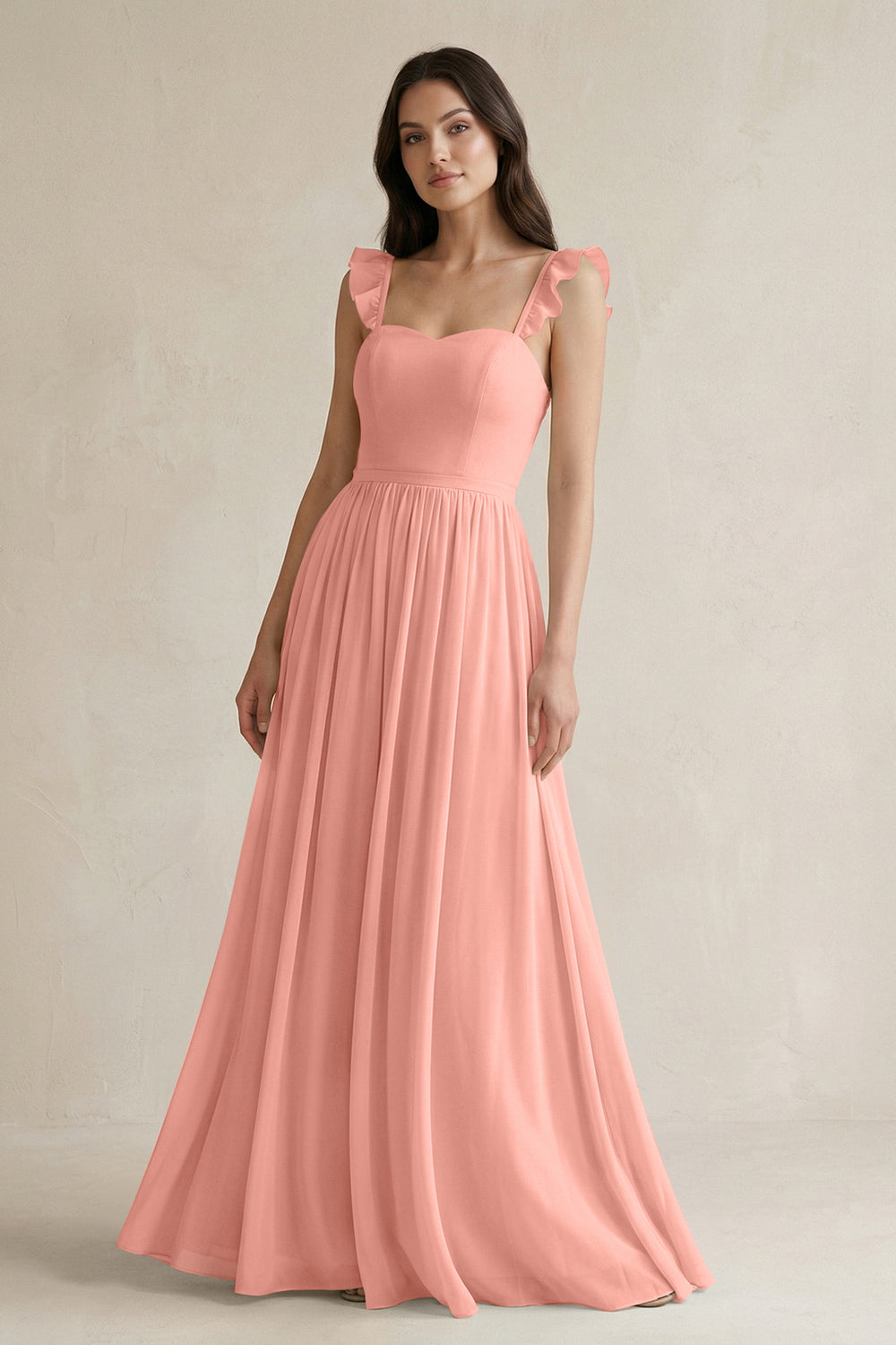 Ruffled Spaghetti Strap Chiffon A-Line Bridesmaid Dress in Rosette