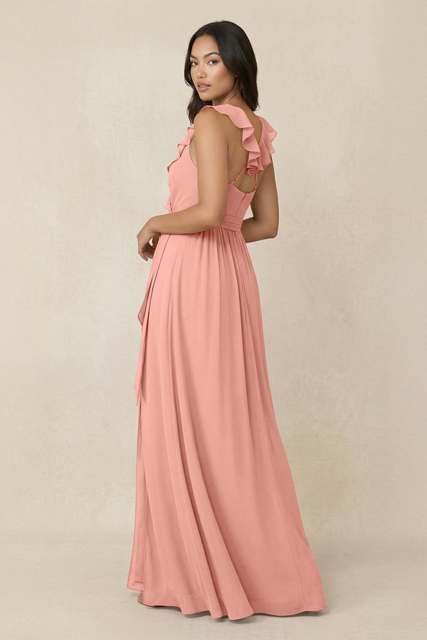 Rosette Ruffled V-Neck A-Line Chiffon Bridesmaid Dress (2) | KISSBRIDAL