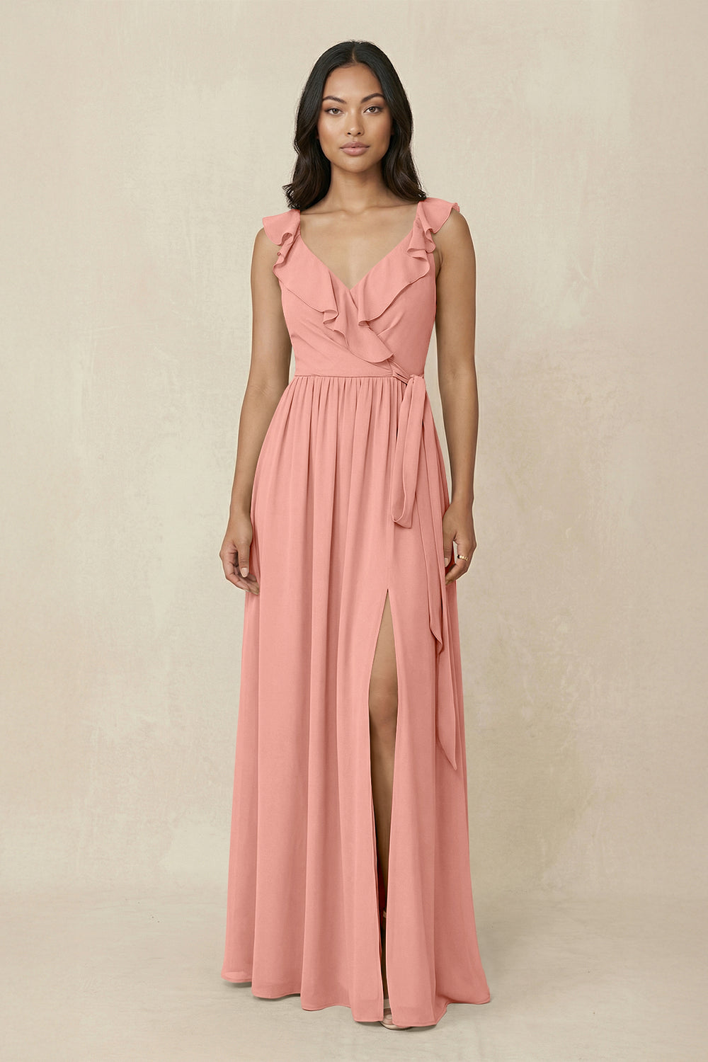 Ruffled V-Neck A-Line Chiffon Bridesmaid Dress in Rosette