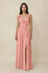 Rosette Ruffled V-Neck A-Line Chiffon Bridesmaid Dress | KISSBRIDAL