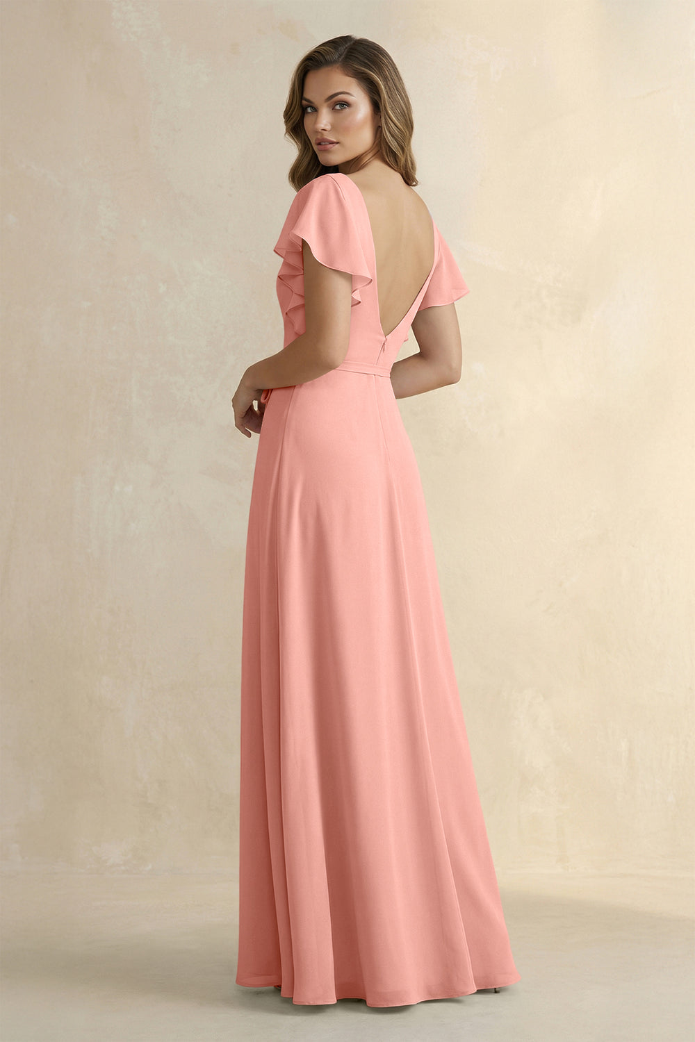 Ruffled V-Neck Chiffon A-Line Bridesmaid Dress in Rosette