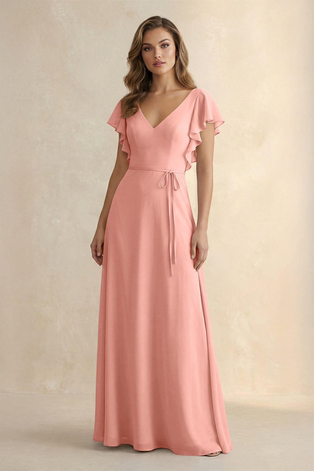 Ruffled V-Neck Chiffon A-Line Bridesmaid Dress in Rosette
