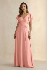 Rosette Ruffled V-Neck Chiffon A-Line Bridesmaid Dress | KISSBRIDAL