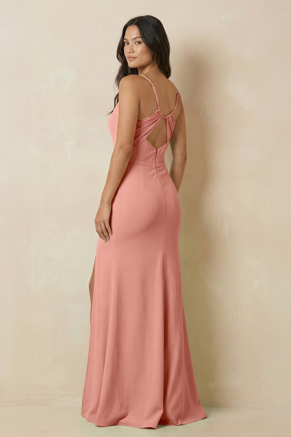 Rosette Sheath Cami Strap Chiffon Bridesmaid Dress with Slit (2) | KISSBRIDAL