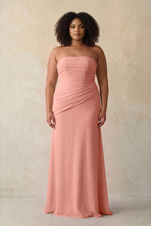 Rosette Sheath Chiffon Strapless Pleated Bridesmaid Dress (3) [sizeplus] | KISSBRIDAL