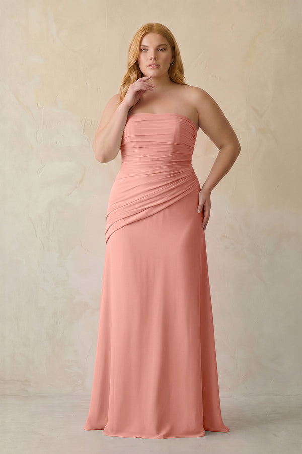 Rosette Sheath Chiffon Strapless Pleated Bridesmaid Dress [sizeplus] | KISSBRIDAL