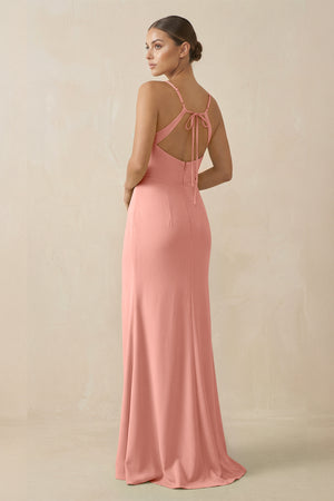 Rosette Sheath Spaghetti Straps Chiffon Long Bridesmaid Dress (2) | KISSBRIDAL