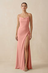 Rosette Sheath Spaghetti Straps Chiffon Long Bridesmaid Dress | KISSBRIDAL