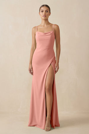Rosette Sheath Spaghetti Straps Chiffon Long Bridesmaid Dress | KISSBRIDAL