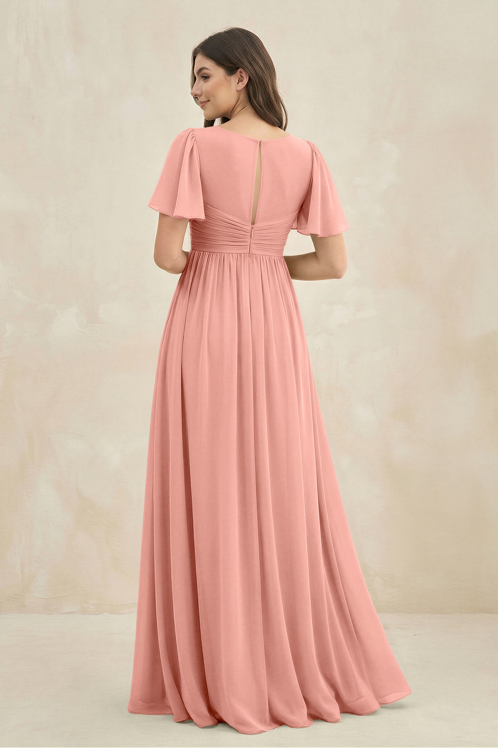 Short Sleeve Chiffon V-Neck A-Line Bridesmaid Dress in Rosette