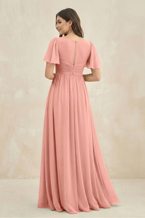 Rosette Short Sleeve Chiffon V-Neck A-Line Bridesmaid Dress (2) | KISSBRIDAL