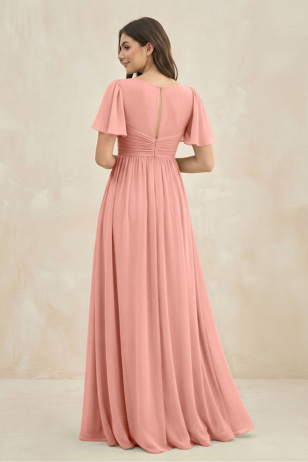 Rosette Short Sleeve Chiffon V-Neck A-Line Bridesmaid Dress (2) | KISSBRIDAL