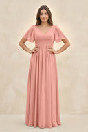 Rosette Short Sleeve Chiffon V-Neck A-Line Bridesmaid Dress | KISSBRIDAL