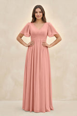 Rosette Short Sleeve Chiffon V-Neck A-Line Bridesmaid Dress | KISSBRIDAL