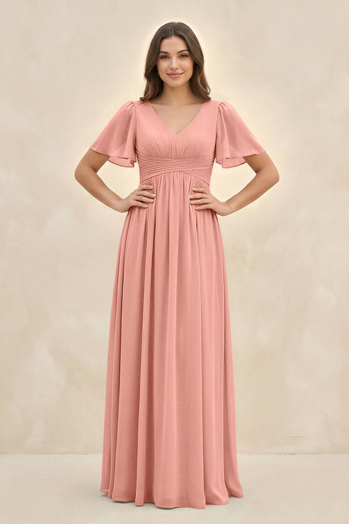 Rosette Short Sleeve Chiffon V-Neck A-Line Bridesmaid Dress | KISSBRIDAL