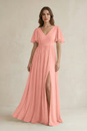 Rosette Short Sleeve V-Neck A-Line Chiffon Bridesmaid Dress | KISSBRIDAL