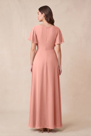 Rosette Short Sleeves Bateau A-Line Chiffon Bridesmaid Dress (2) | KISSBRIDAL