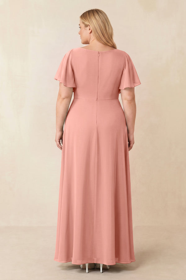 Rosette Short Sleeves Bateau A-Line Chiffon Bridesmaid Dress (2) [sizeplus] | KISSBRIDAL