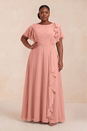 Rosette Short Sleeves Bateau A-Line Chiffon Bridesmaid Dress (3) [sizeplus] | KISSBRIDAL