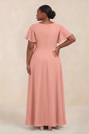 Rosette Short Sleeves Bateau A-Line Chiffon Bridesmaid Dress (4) [sizeplus] | KISSBRIDAL