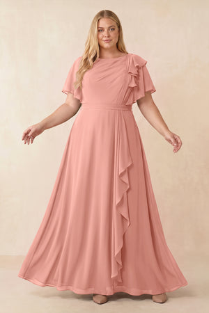 Rosette Short Sleeves Bateau A-Line Chiffon Bridesmaid Dress [sizeplus] | KISSBRIDAL