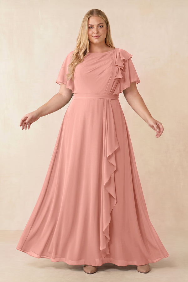 Rosette Short Sleeves Bateau A-Line Chiffon Bridesmaid Dress [sizeplus] | KISSBRIDAL