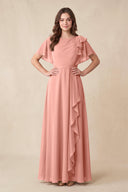 Rosette Short Sleeves Bateau A-Line Chiffon Bridesmaid Dress | KISSBRIDAL