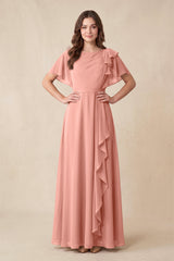 Rosette Short Sleeves Bateau A-Line Chiffon Bridesmaid Dress | KISSBRIDAL