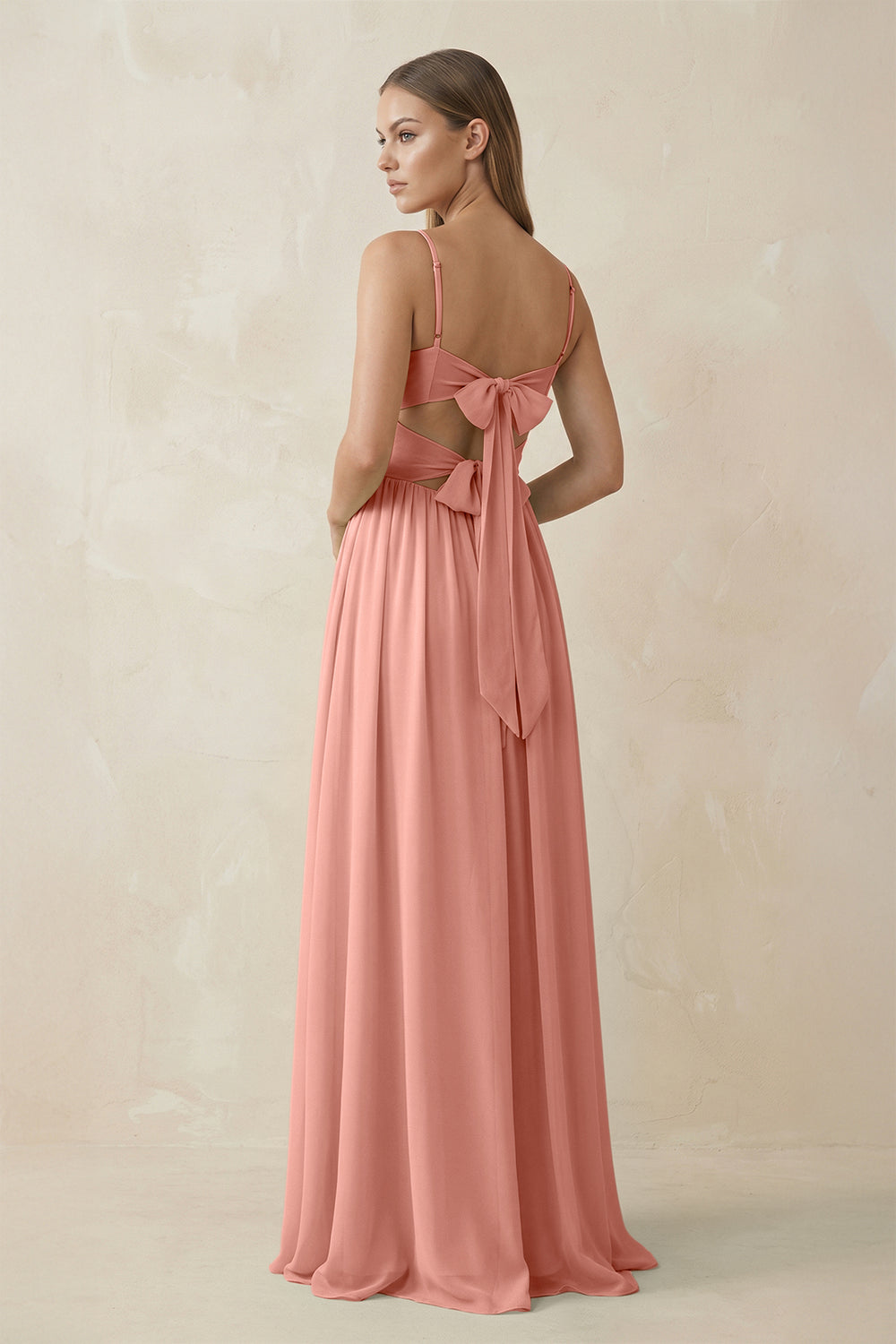 Spaghetti Strap Pleated A-Line Chiffon Bridesmaid Dress in Rosette