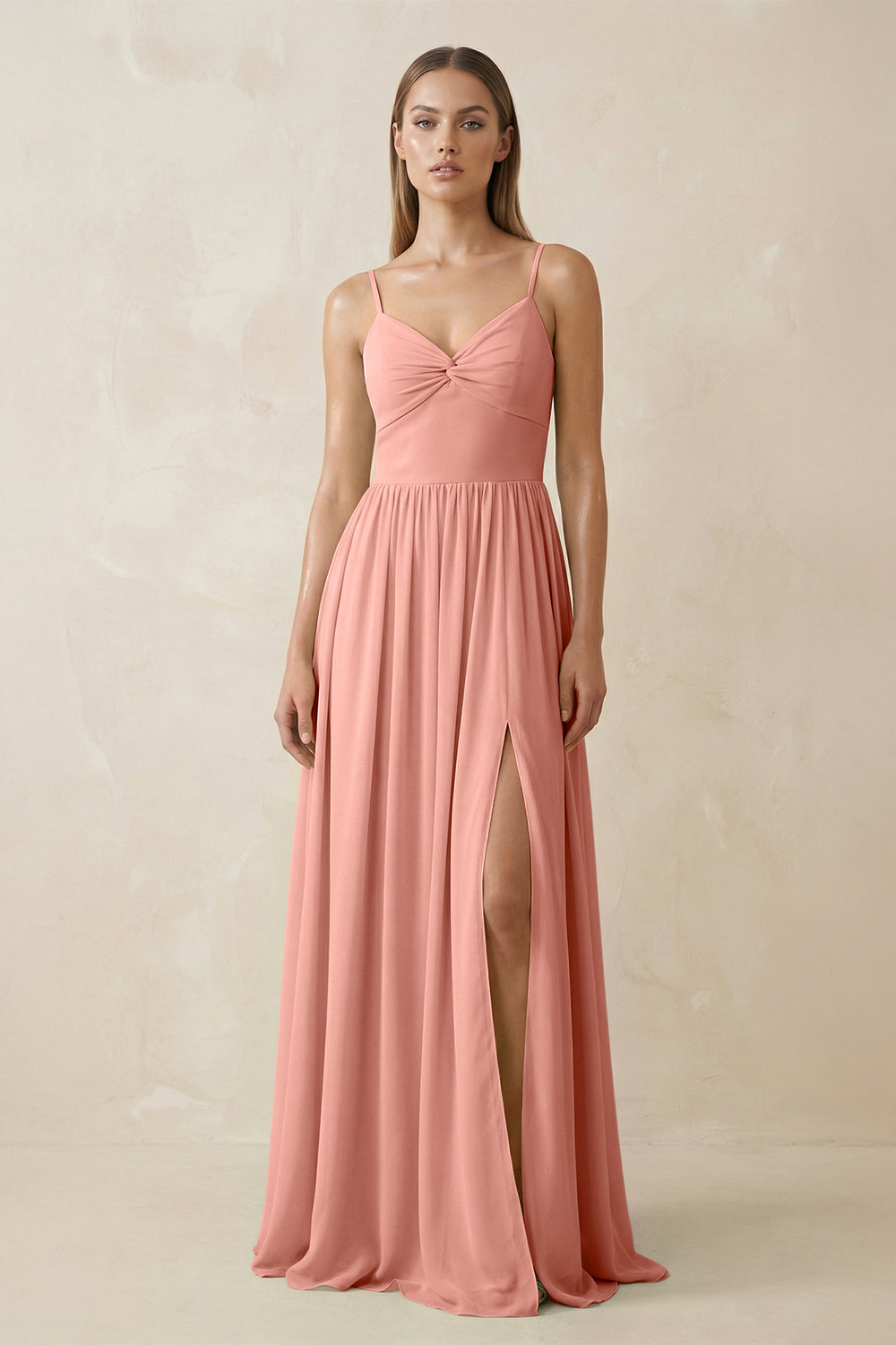 Spaghetti Strap Pleated A-Line Chiffon Bridesmaid Dress in Rosette