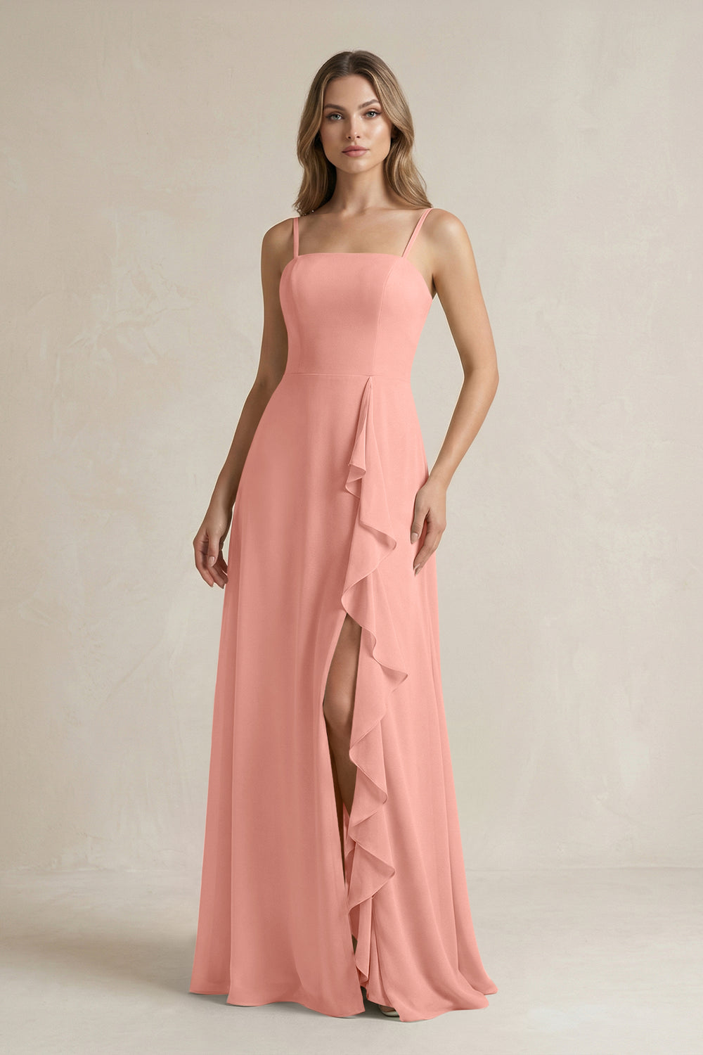Spaghetti Strap Ruffled A-Line Chiffon Bridesmaid Dress in Rosette