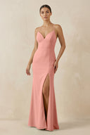 Rosette Spaghetti Strap Sheath Chiffon Bridesmaid Dress With Slit | KISSBRIDAL