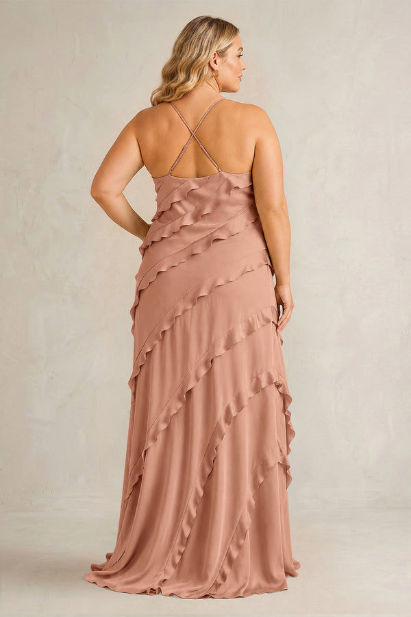 Rosette Spaghetti Straps Sheath Stain Ruffled Bridesmaid Dress (2) | KISSBRIDAL[sizeplus]