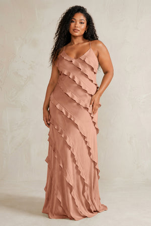 Rosette Spaghetti Straps Sheath Stain Ruffled Bridesmaid Dress (3) | KISSBRIDAL[sizeplus]