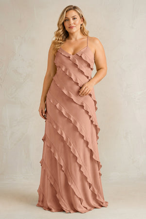 Rosette Spaghetti Straps Sheath Stain Ruffled Bridesmaid Dress | KISSBRIDAL[sizeplus]