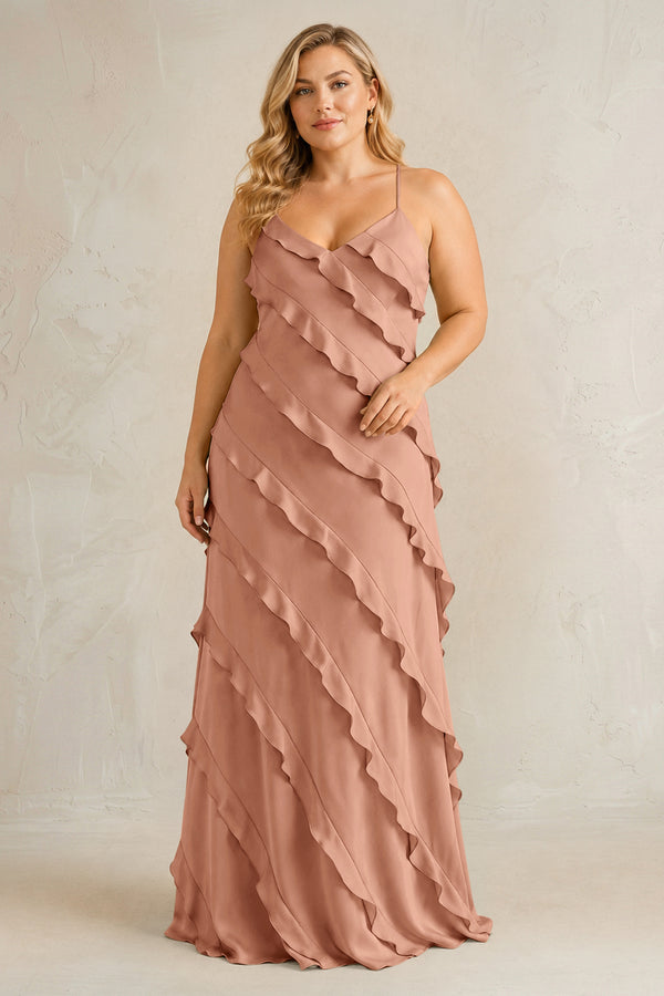 Rosette Spaghetti Straps Sheath Stain Ruffled Bridesmaid Dress | KISSBRIDAL[sizeplus]